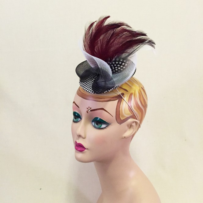 Burgundy, White, & Black Fascinator - Wedding, Evening, Races, Special Occasion Headpiece
