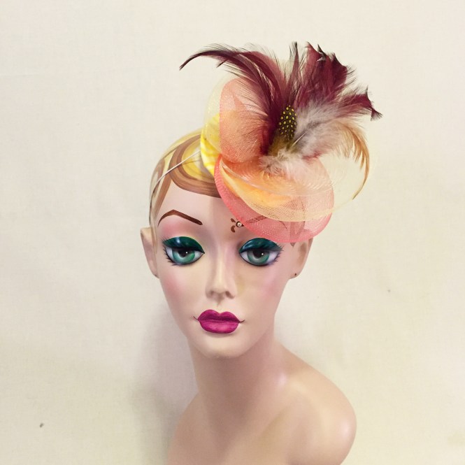Yellow, Coral, & Burgundy Fascinator - Wedding, Evening, Races, Special Occasion Headpiece